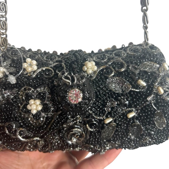 Mary Frances Black Beaded Pearl Rhinestone Silver Evening Shoulder Bag EC - Picture 5 of 16